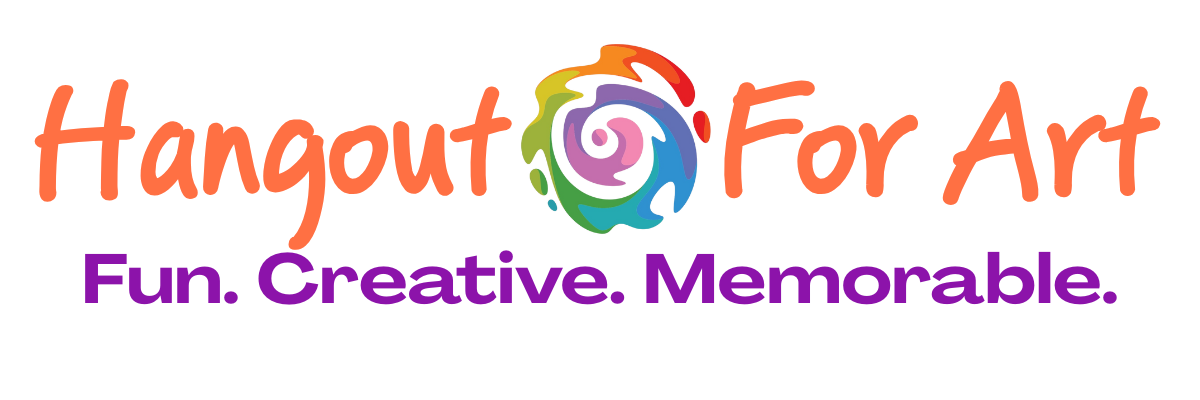 Hangout for Art logo with colorful swirl paint palette icon and the tagline ‘Fun. Creative. Memorable.’ for a creative art studio in Allentown, Pennsylvania.