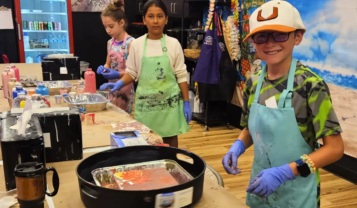 Kids creating fluid art projects at birthday party in Hangout for Art studio in Allentown