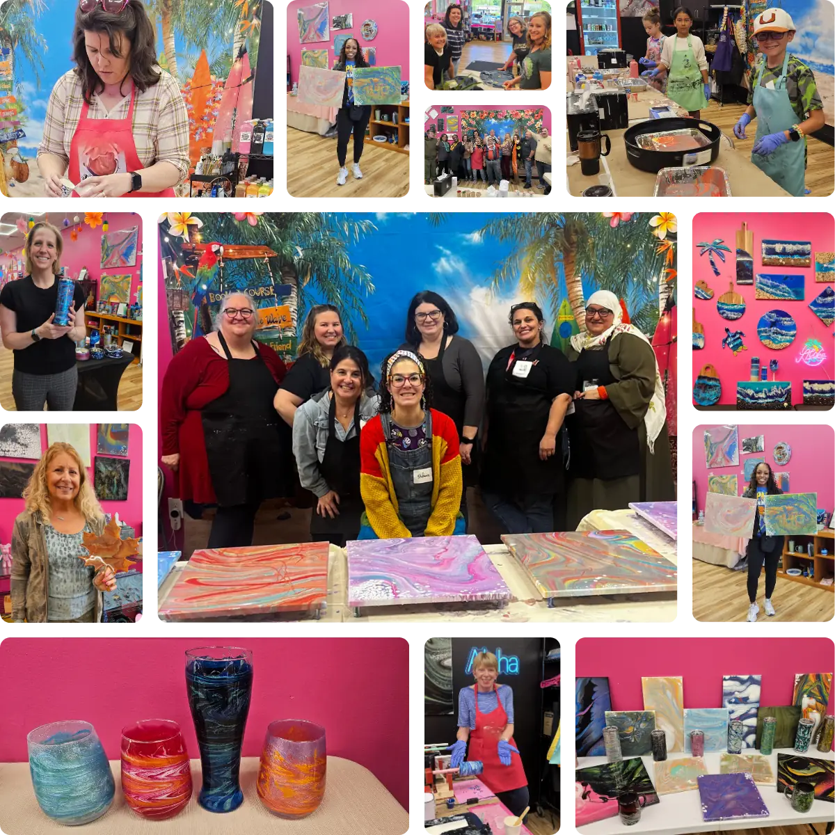 Collage of people creating fluid art and resin projects at Hangout for Art studio in Allentown PA