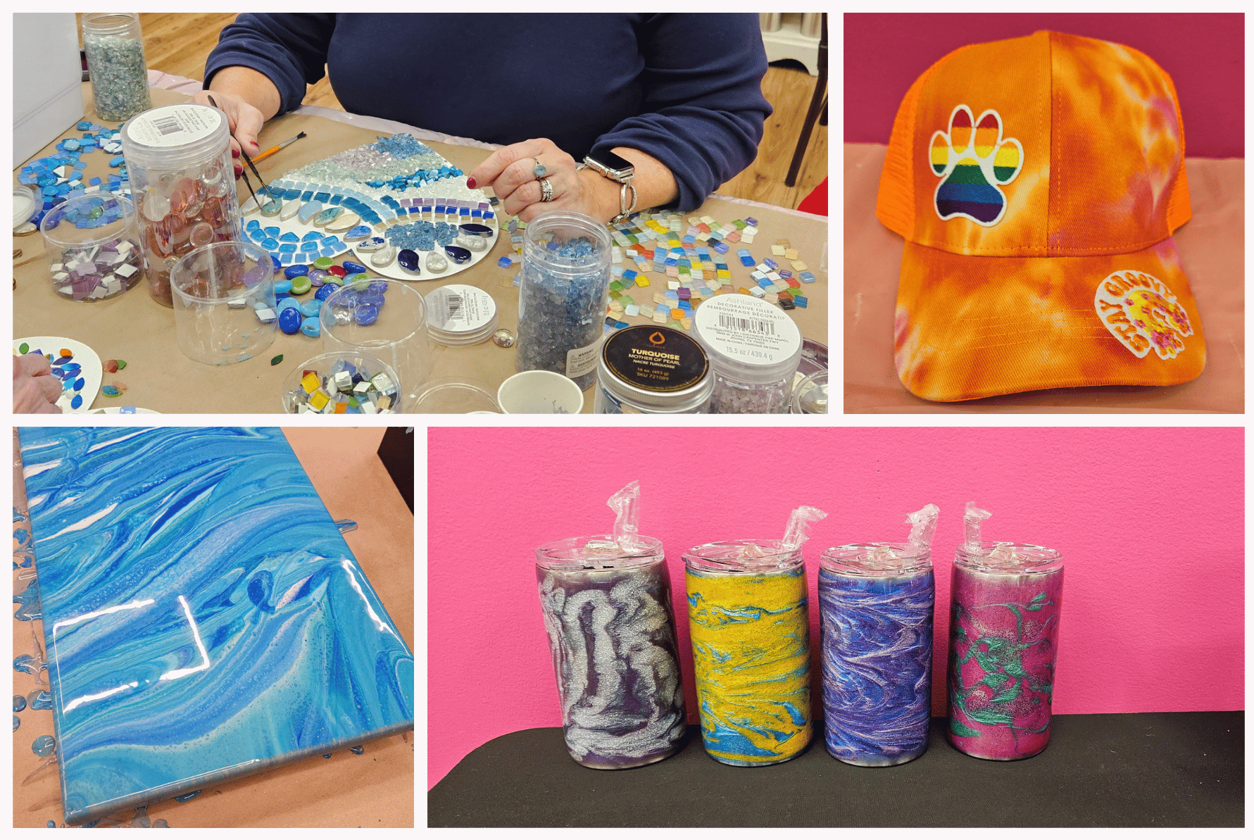 Summer Pass photo collage — fluid art, resin tumblers, patch hats, beach scenes and more at Hangout for Art in Allentown PA