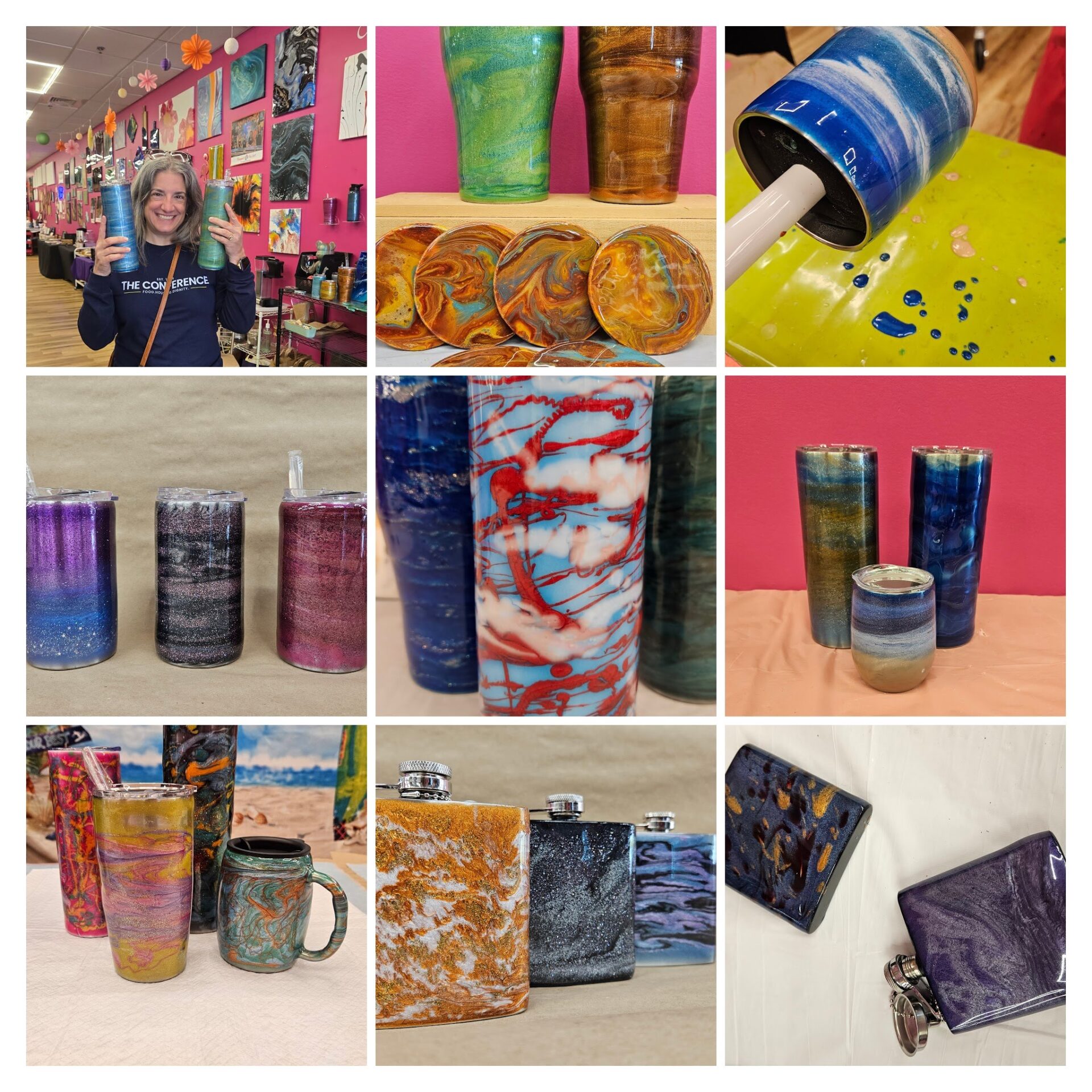 Collage of completed resin tumblers, including one guest holding her finished pieces